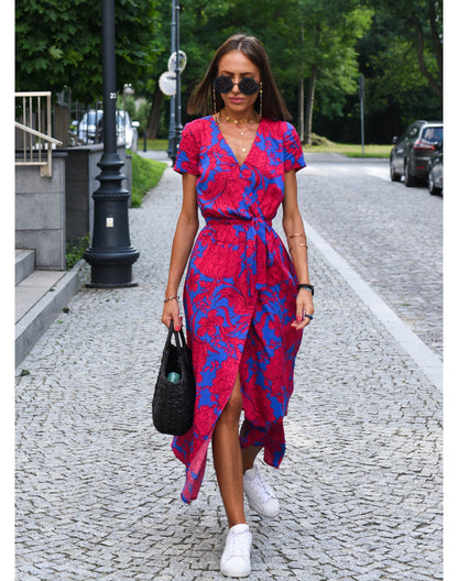Kurzärmliges Maxikleid mit Gürtel und floralem Print