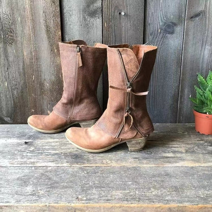 Vintage Mid-Calf Stiefeletten mit seitlichem Reißverschluss