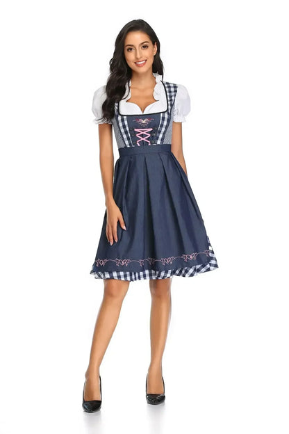 Oktoberfest Dirndlkleid für Damen mit rotem Karomuster und grüner Schürze