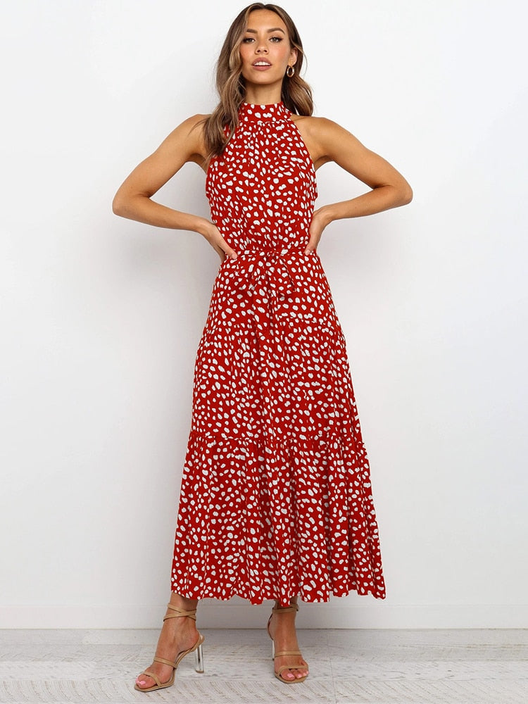 Ärmelloses Midikleid mit Bindegürtel und Stehkragen