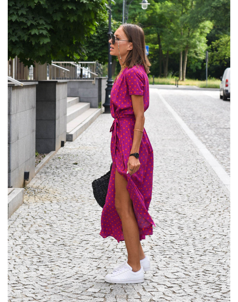 Kurzärmliges Maxikleid mit Gürtel und floralem Print