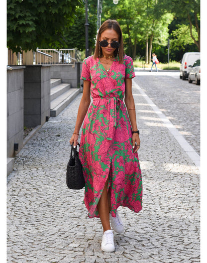 Kurzärmliges Maxikleid mit Gürtel und floralem Print