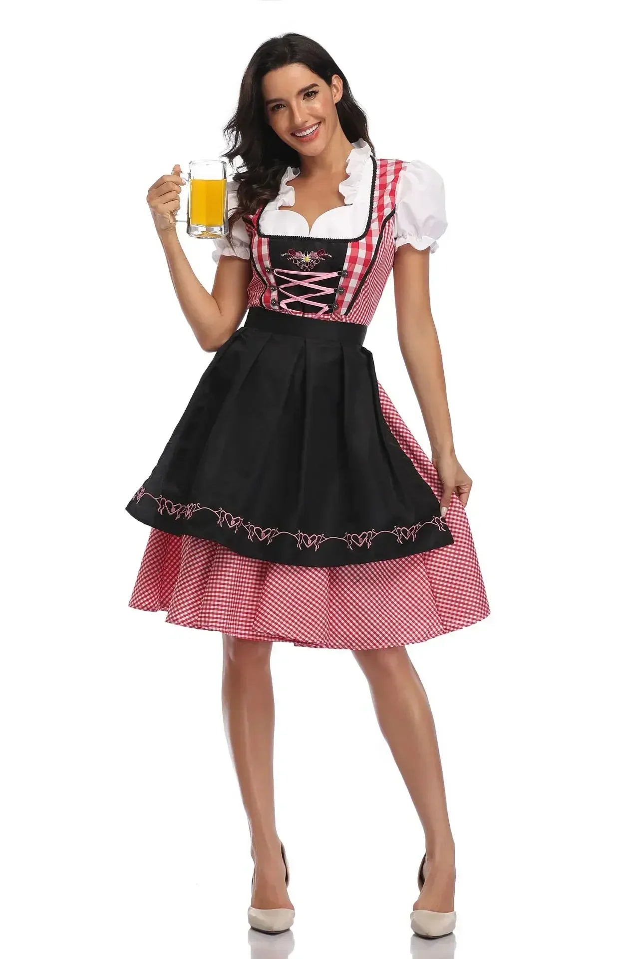 Oktoberfest Dirndlkleid für Damen mit rotem Karomuster und grüner Schürze