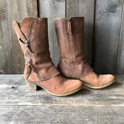 Vintage Mid-Calf Stiefeletten mit seitlichem Reißverschluss