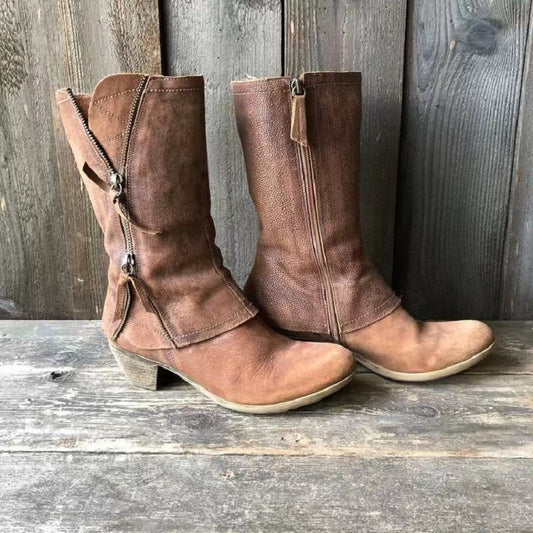 Vintage Mid-Calf Stiefeletten mit seitlichem Reißverschluss