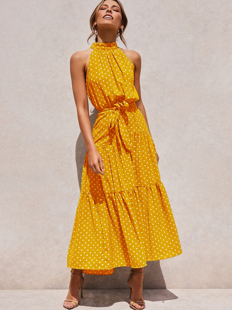 Ärmelloses Midikleid mit Bindegürtel und Stehkragen