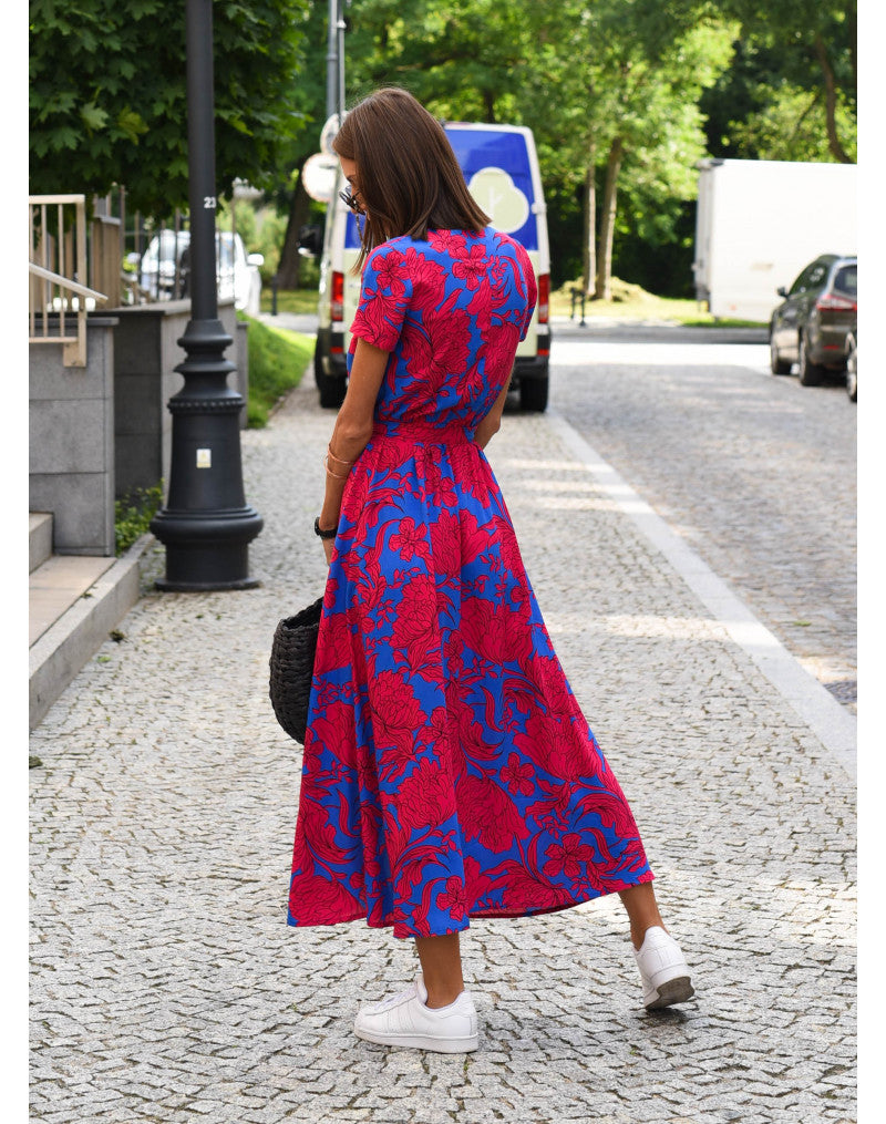 Kurzärmliges Maxikleid mit Gürtel und floralem Print