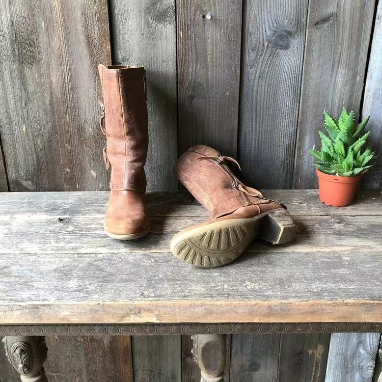 Vintage Mid-Calf Stiefeletten mit seitlichem Reißverschluss