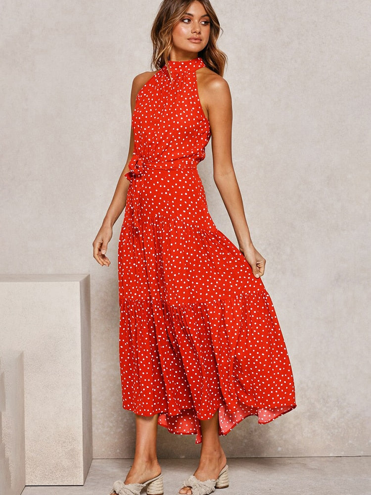 Ärmelloses Midikleid mit Bindegürtel und Stehkragen