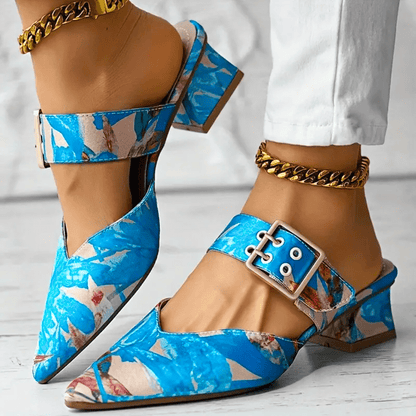 Modische Damen-Mules mit Blockabsatz und floralem Muster