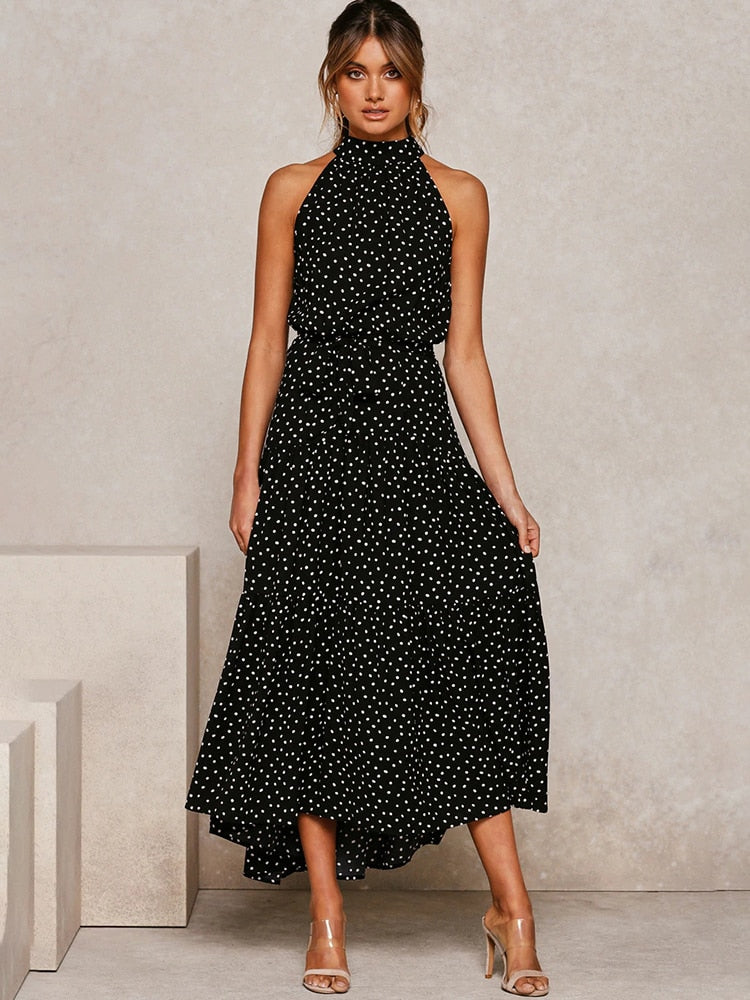 Ärmelloses Midikleid mit Bindegürtel und Stehkragen