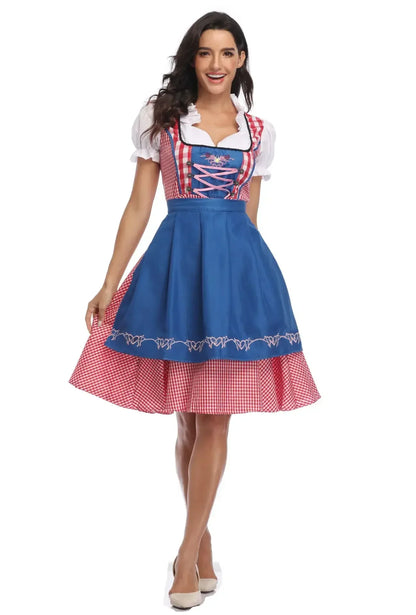 Oktoberfest Dirndlkleid für Damen mit rotem Karomuster und grüner Schürze