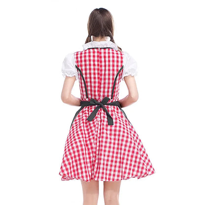 Oktoberfest Dirndlkleid für Damen mit rotem Karomuster und grüner Schürze