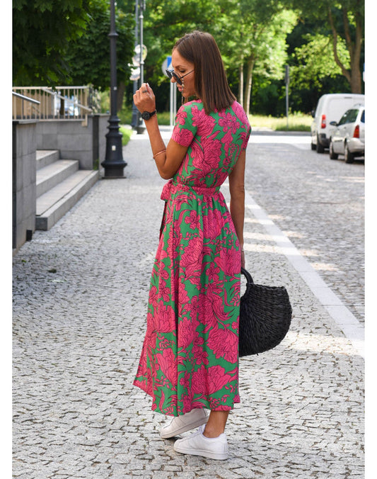 Kurzärmliges Maxikleid mit Gürtel und floralem Print