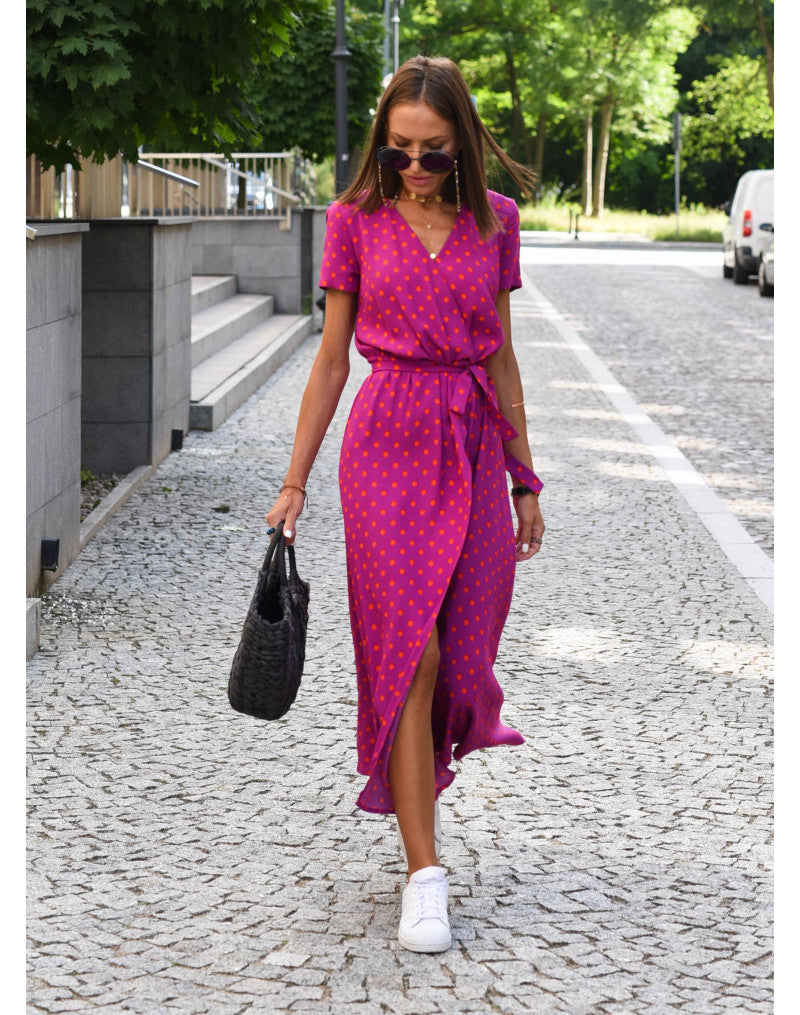 Kurzärmliges Maxikleid mit Gürtel und floralem Print