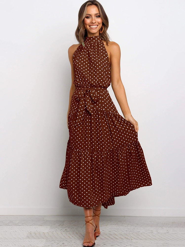 Ärmelloses Midikleid mit Bindegürtel und Stehkragen