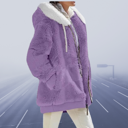 Helena - Damen Teddyjacke mit Kapuze und Fellkragen