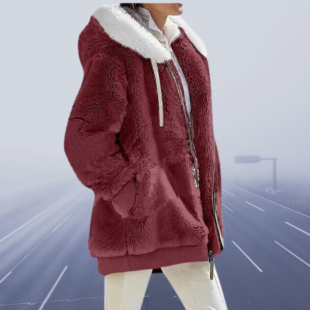 Helena - Damen Teddyjacke mit Kapuze und Fellkragen