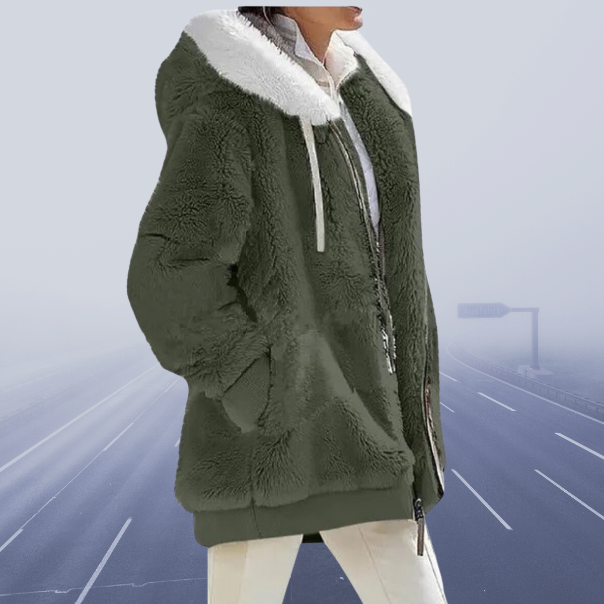 Helena - Damen Teddyjacke mit Kapuze und Fellkragen