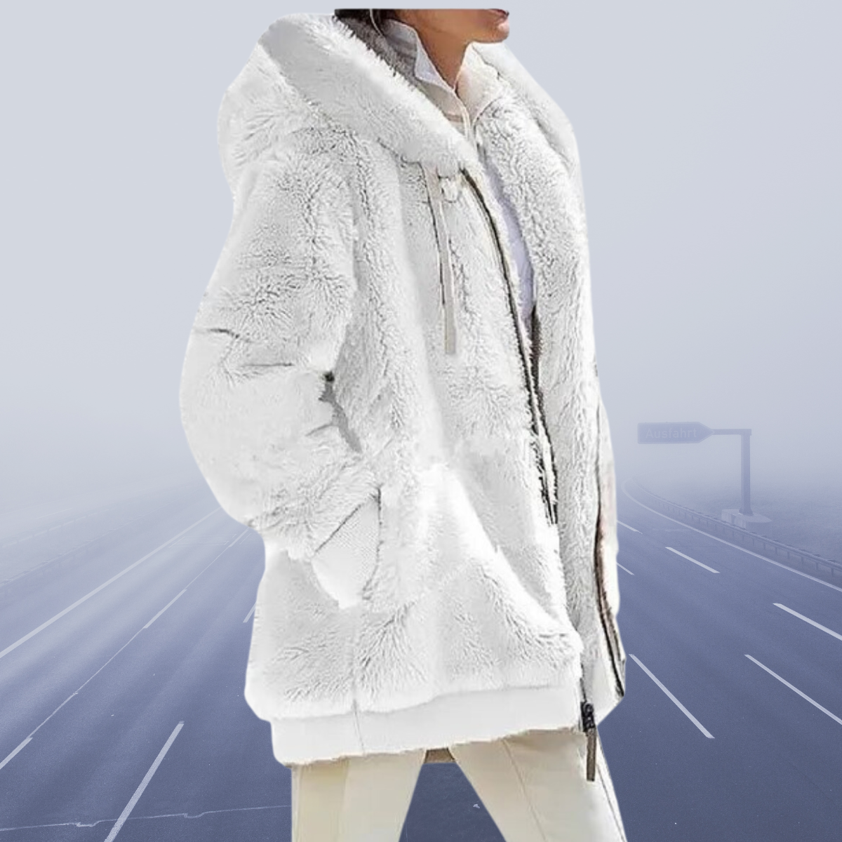 Helena - Damen Teddyjacke mit Kapuze und Fellkragen