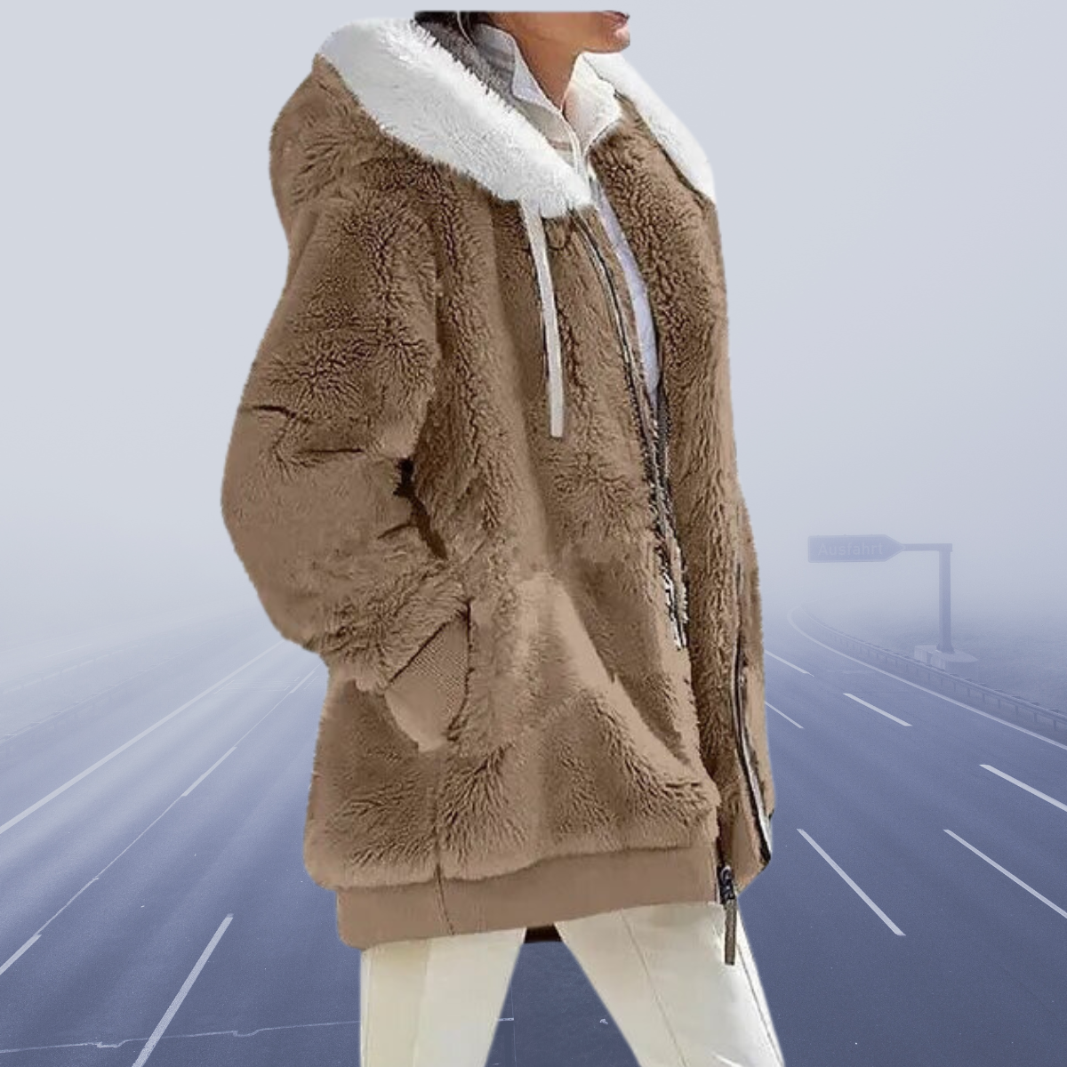Helena - Damen Teddyjacke mit Kapuze und Fellkragen
