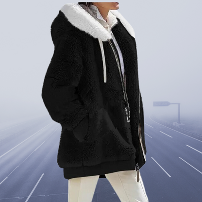 Helena - Damen Teddyjacke mit Kapuze und Fellkragen