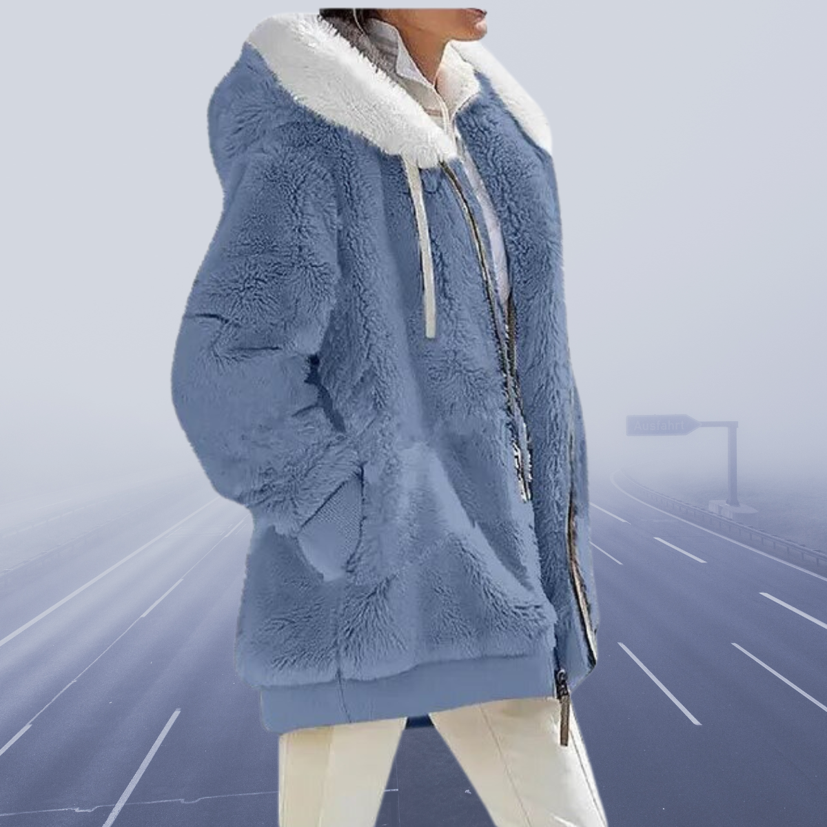 Helena - Damen Teddyjacke mit Kapuze und Fellkragen