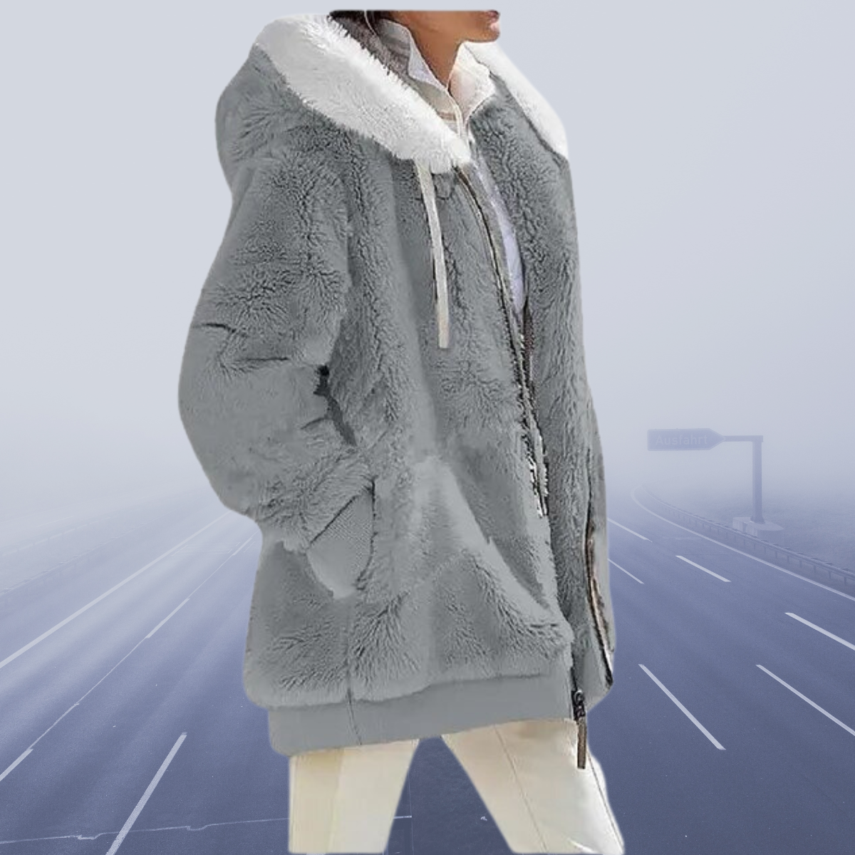 Helena - Damen Teddyjacke mit Kapuze und Fellkragen