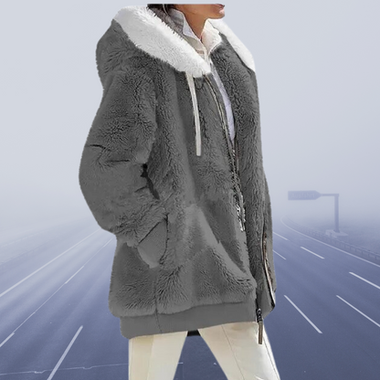 Helena - Damen Teddyjacke mit Kapuze und Fellkragen
