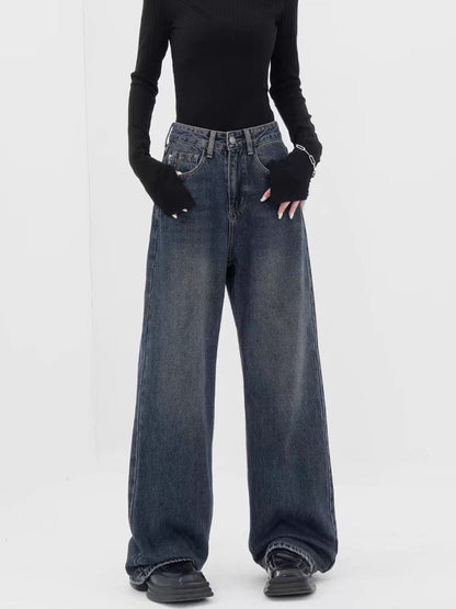 Dunkelblaue Retro-Baggy-Jeans mit weitem Bein