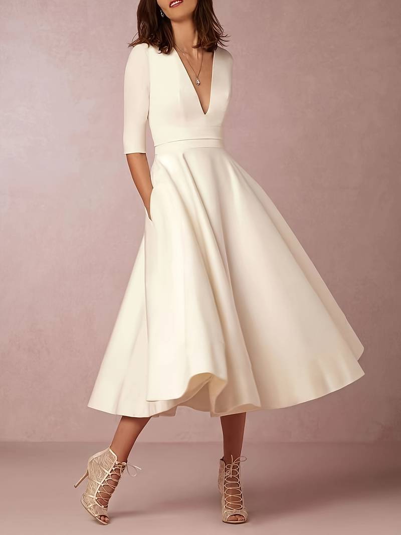 Damen-Midikleid mit Dreiviertelärmeln und tiefem V-Ausschnitt