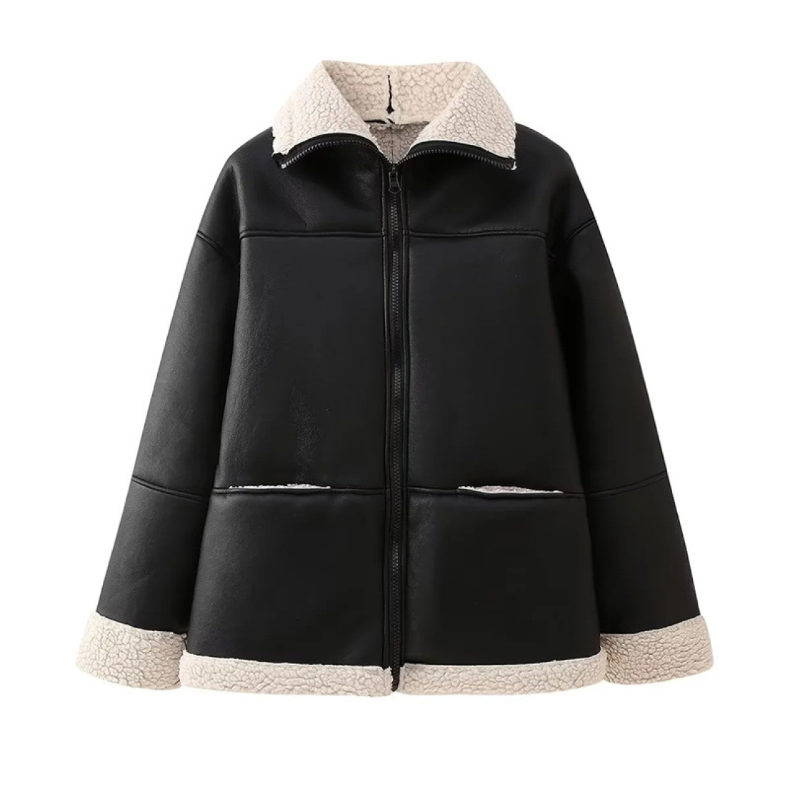 Übergroße Damen-Aviatorjacke mit Lammfellfutter