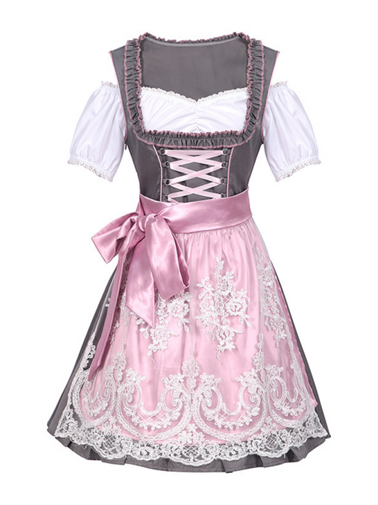 Oktoberfest Dirndlkleid für Damen mit Satin-Schürze und Spitzenstickerei