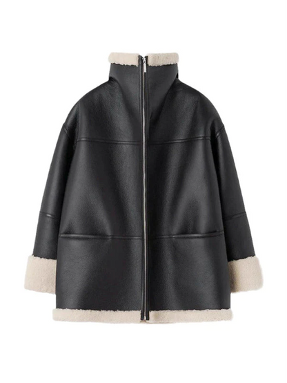 Übergroße Damen-Aviatorjacke mit Lammfellfutter