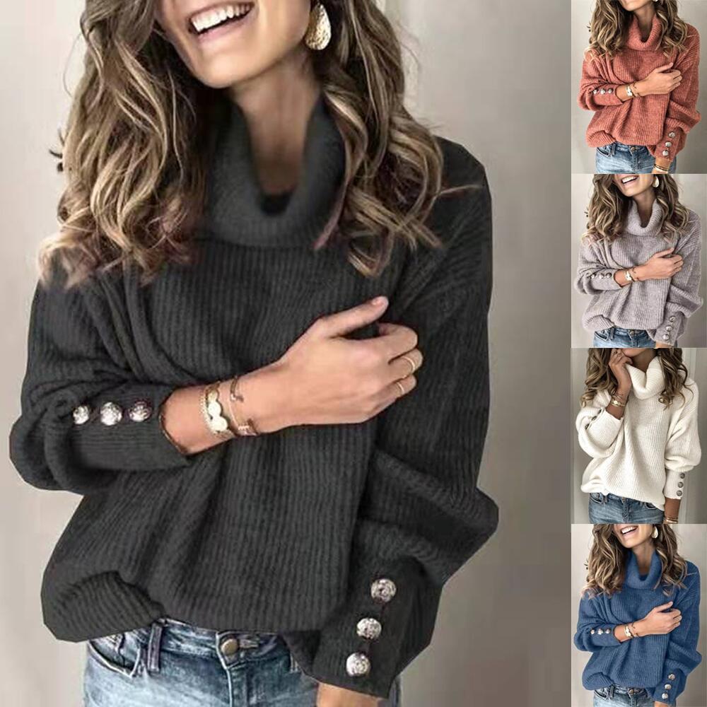 Damen Pullover mit Schalkragen und dekorativen Ärmelknöpfen