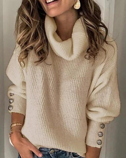 Damen Pullover mit Schalkragen und dekorativen Ärmelknöpfen