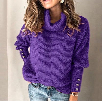 Damen Pullover mit Schalkragen und dekorativen Ärmelknöpfen