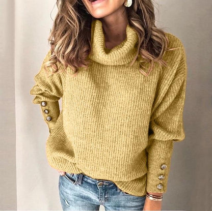 Damen Pullover mit Schalkragen und dekorativen Ärmelknöpfen