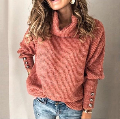 Damen Pullover mit Schalkragen und dekorativen Ärmelknöpfen