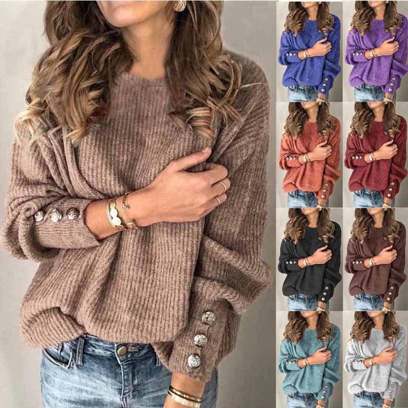 Damen Pullover mit Schalkragen und dekorativen Ärmelknöpfen