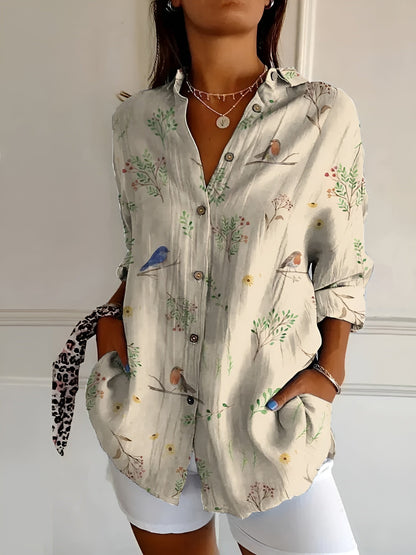 Damenbluse mit floraler Stickoptik und Knopfleiste