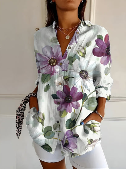 Damenbluse mit floraler Stickoptik und Knopfleiste