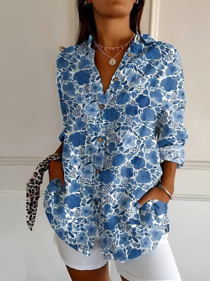 Damenbluse mit floraler Stickoptik und Knopfleiste