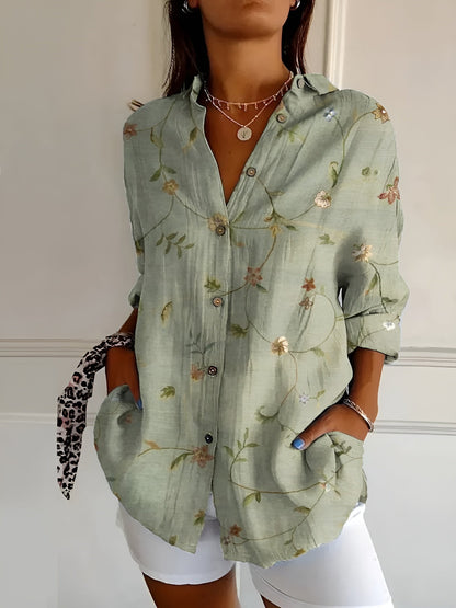 Damenbluse mit floraler Stickoptik und Knopfleiste