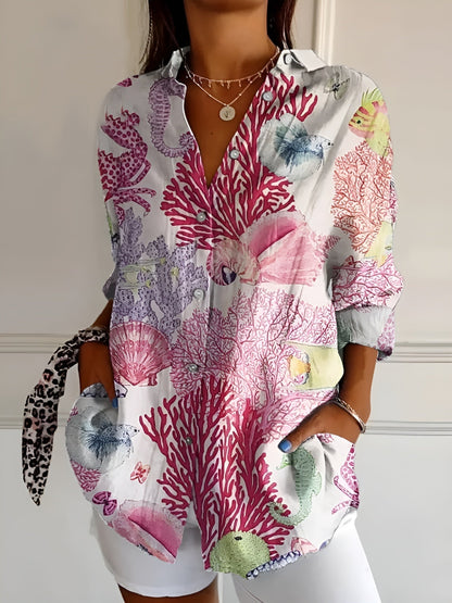 Damenbluse mit floraler Stickoptik und Knopfleiste